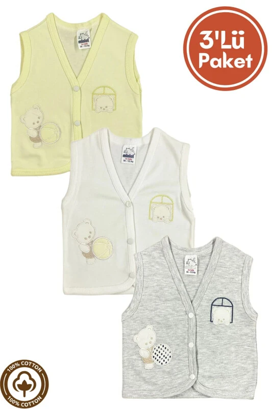 Unisex Bebek Toplu Ayıcık Nakışlı Organik Pamuklu 3-6-9 Ay 3Lü Penye Bebek Yelek Set-SARI - Modazone