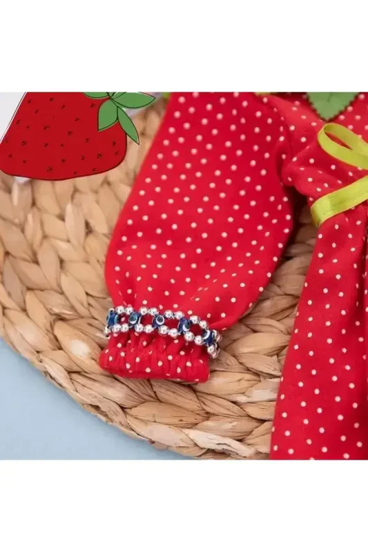 3-6-9 Ay Çilek Bebekler Penye Kumaş Şapkalı Bileklik Hediyeli Uzun Kollu Kız Erkek Bebek Tulumu Kırm - 3