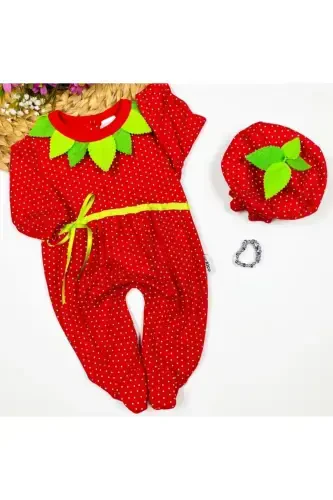 3-6-9 Months Strawberry Babies Knitted Fabric Hat Wristlet - 1