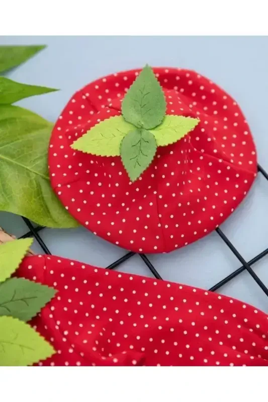 3-6-9 Months Strawberry Babies Knitted Fabric Hat Wristlet - 2