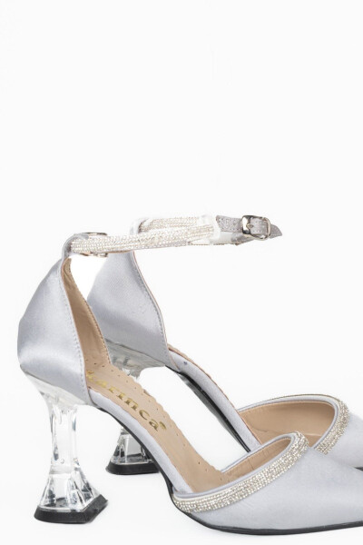 3-9701 9 cm Clear Stiletto Heel Rhinestone Silver Satin Wedding and Evening Dress Shoes - 4