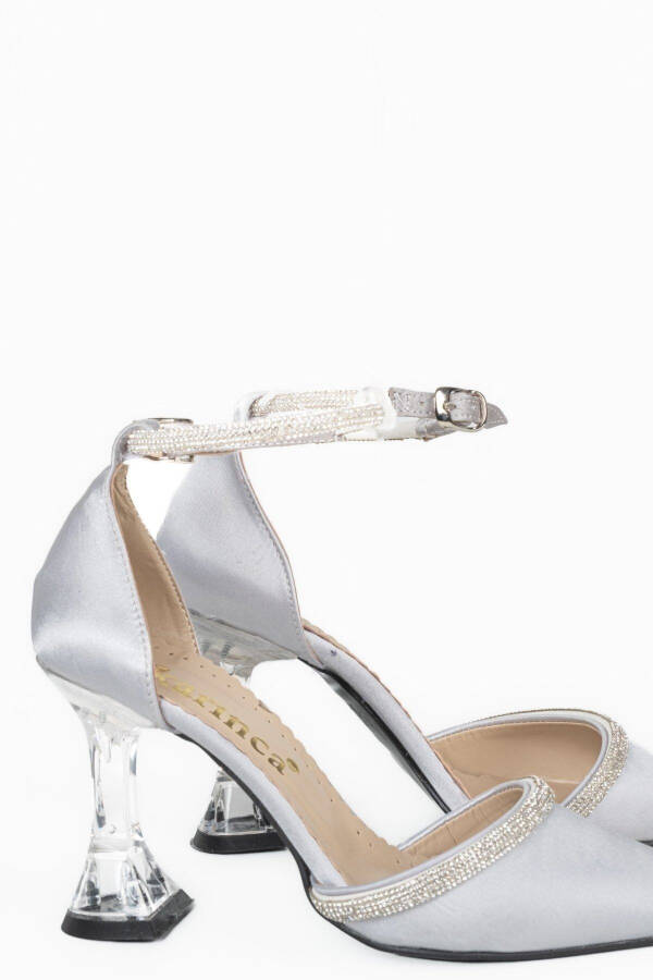 3-9701 9 cm Clear Stiletto Heel Rhinestone Silver Satin Wedding and Evening Dress Shoes - 4