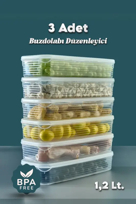 3 Adet 1,2 Litre Buzdolabı İçi Düzenleyici Saklama Kabı -Buzluk Saklama Kabı-3 LÜ 1,2 LT. - GRİMOR LIFE