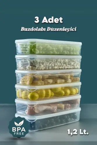 3 Adet 1,2 Litre Buzdolabı İçi Düzenleyici Saklama Kabı -Buzluk Saklama Kabı-3 LÜ 1,2 LT. - 1