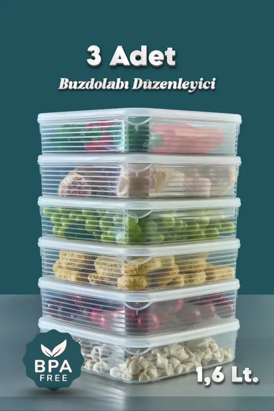 3 Adet 1,6 Litre Buzdolabı İçi Düzenleyici Saklama Kabı -Buzluk Saklama Kabı - 3 Lü 1,6 Lt. - GRIMORLIFE