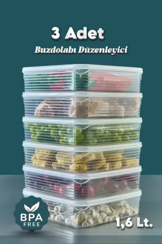 3 Adet 1,6 Litre Buzdolabı İçi Düzenleyici Saklama Kabı -Buzluk Saklama Kabı-3 Lü 1,6 Lt. - 1