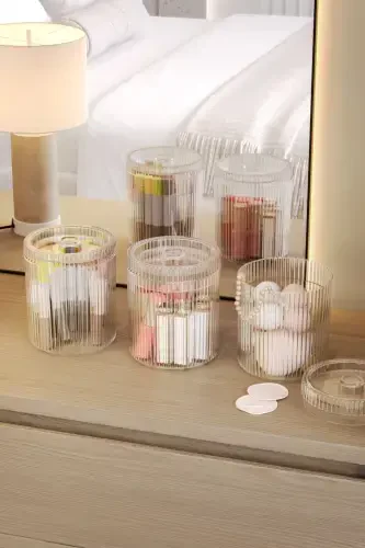 3 Adet Çok Amaçlı Makyaj Kozmetik Pamuk Banyo Düzenleyici Organizer Seti-Melisa Şeffaf - 1