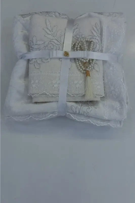 3 Adet Ekru Hediyelik Çeyizlik Seccade Bohça Seti-ekru - CEYIZIMDEKOR