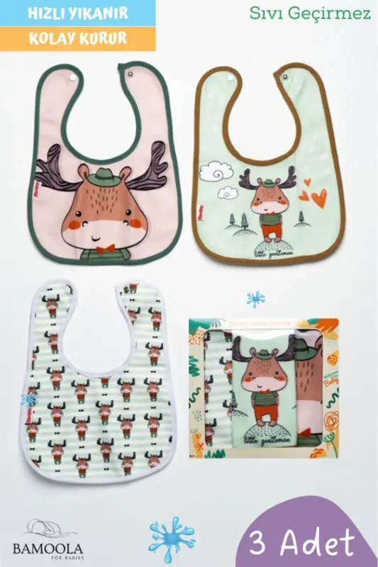3 Adet Geyik Desenli Bebek Mama ve Salya Önlüğü - (Sıvı Geçirmez - Microfiber - Çıtçıtlı) - 1