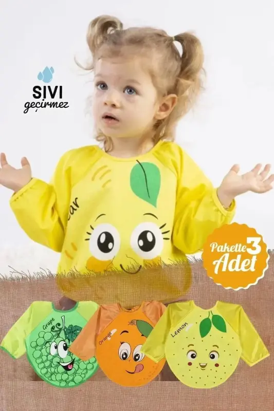 3 Adet Sıvı Geçirmez Giyilebilir Meyve Kollu Önlük 6-24 Ay - 1