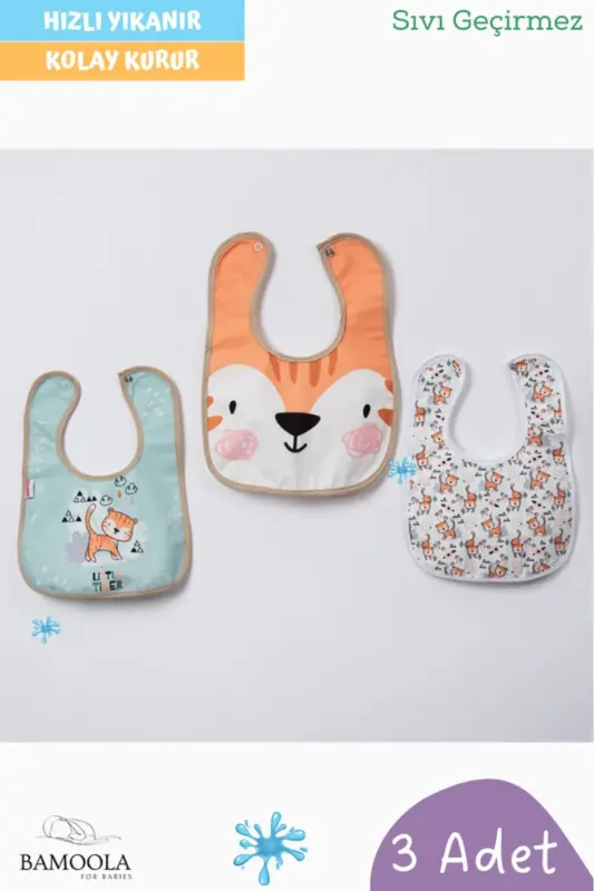 3 Adet Kedi Desenli Bebek Mama Va Salya Önlüğü - ( - 1