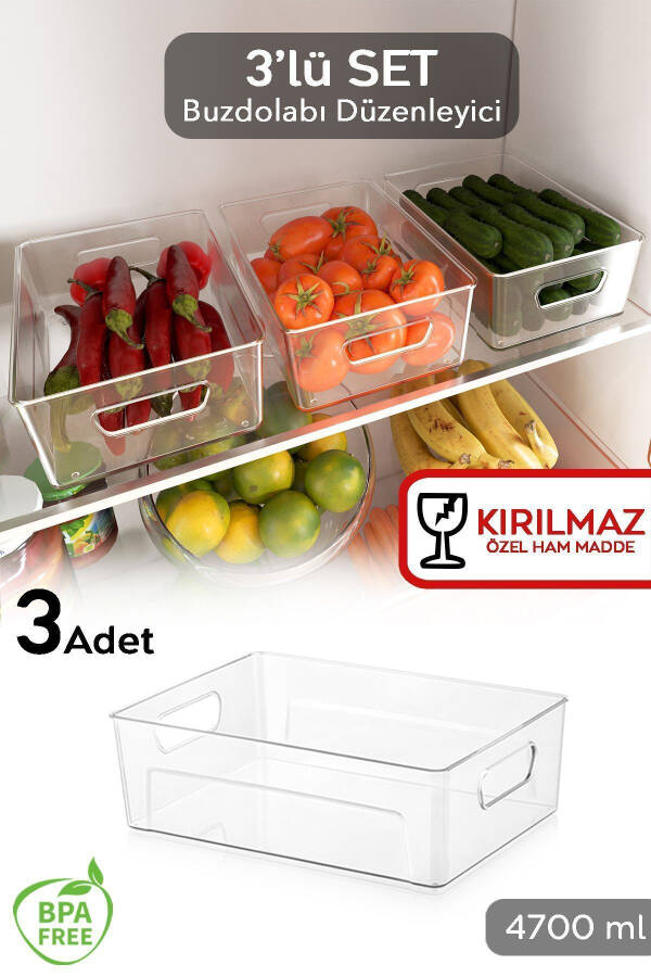 3 Adet Kırılmaz Ultra Dayanıklı Buzdolabı Düzenleyici Organizer Kutu Şeffaf - 3x(26,5x18x9 cm/4,7 L) - 1