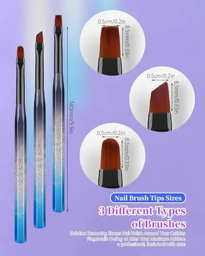 3PCS Nail Polish Clean Up Brush, Round&Falt&Angled Acetone Resistant Nail Brush for OPI Nail Polish Remover, Fingernail Cleaning Brushes at Home Nail Art and Designs(Gilded Blue) - 6