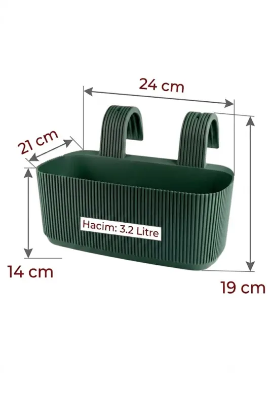3 Adet Pera Askılı Balkon Ve Küpeşte Saksısı Plastik Kelepçeli Asılabilen Saksı Koyu Yeşil - Koyu Yeşil - 1
