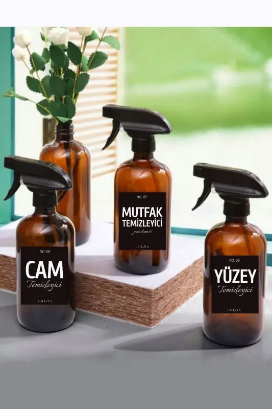 3 Amber Glass Bottle 500ml (surface, Glass, Kitchen Cleaner Labeled)-Black3l - 1