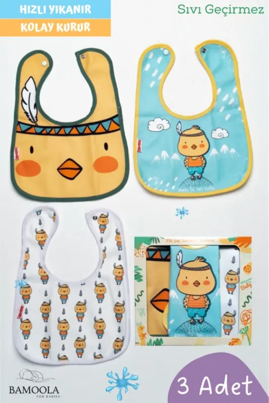3 Baby Bibs with Chick Design - (Waterproof - Microfiber - Snappy) - 1