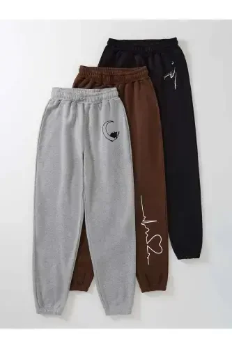 3-Cat And Moon Print Jogger Sweatpants - Black Gray And Brown Elastic Hem Normal Waist-Multicolor - 3
