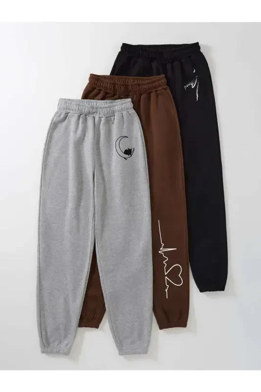 3-Cat And Moon Print Jogger Sweatpants - Black Gray And Brown Elastic Hem Normal Waist-Multicolor - 3