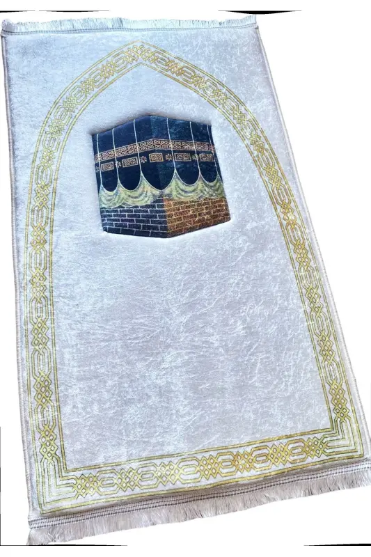 3 Cm Thick Sponge Orthopedic Velvet Prayer Rug Does Not Hurt Knees Prayer Rug-WHITE BORDER KAABA - 3