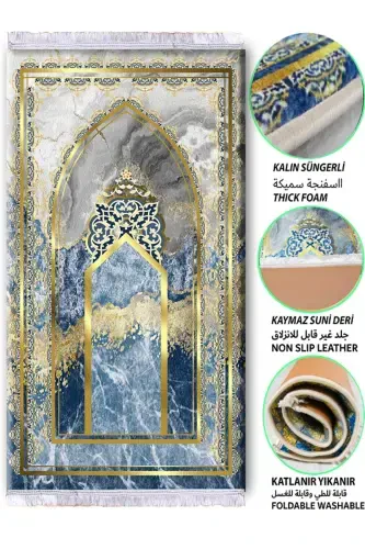 3 Cm Thick Sponge Orthopedic Velvet Prayer Rug Non-Kneading Prayer Rug-BLUE GOLD - 1