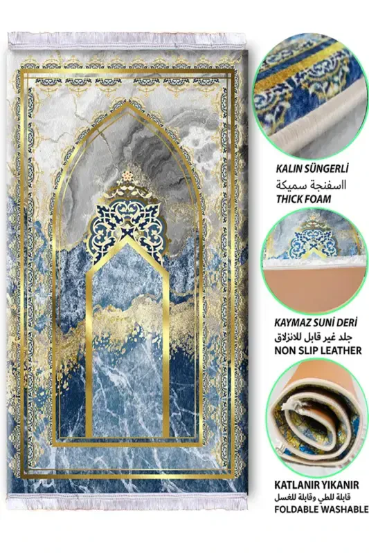 3 Cm Thick Sponge Orthopedic Velvet Prayer Rug Non-Kneading Prayer Rug-BLUE GOLD - CARPETELLA