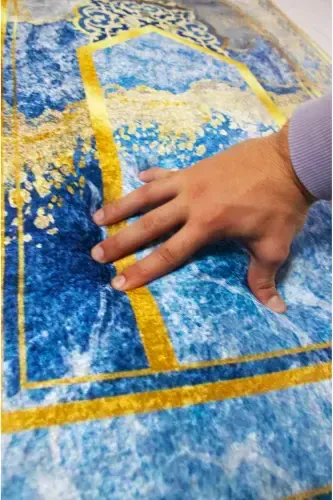 3 Cm Thick Sponge Orthopedic Velvet Prayer Rug Non-Kneading Prayer Rug-BLUE GOLD - CARPETELLA (1)