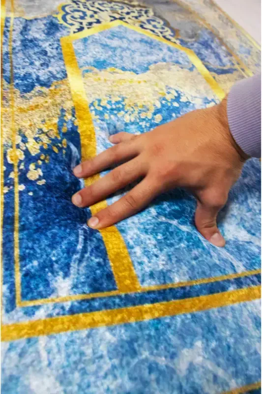 3 Cm Thick Sponge Orthopedic Velvet Prayer Rug Non-Kneading Prayer Rug-BLUE GOLD - 2