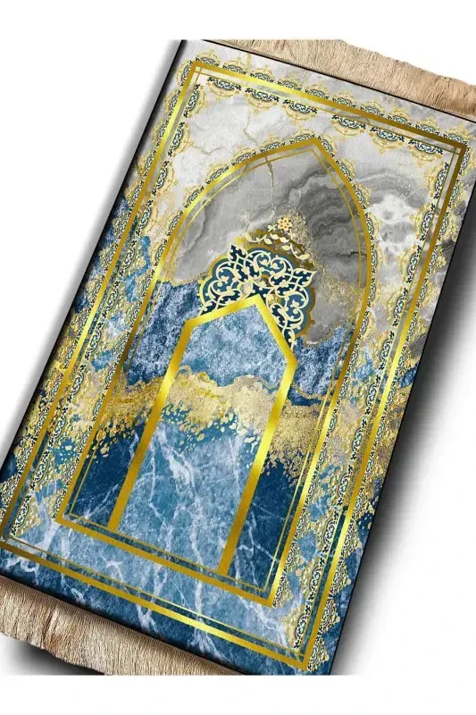 3 Cm Thick Sponge Orthopedic Velvet Prayer Rug Non-Kneading Prayer Rug-BLUE GOLD - 7