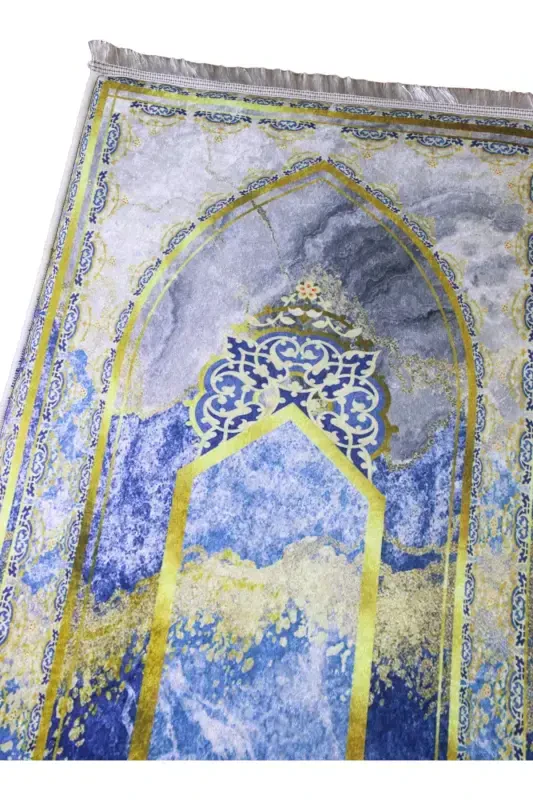 3 Cm Thick Sponge Orthopedic Velvet Prayer Rug Non-Kneading Prayer Rug-BLUE GOLD - 8