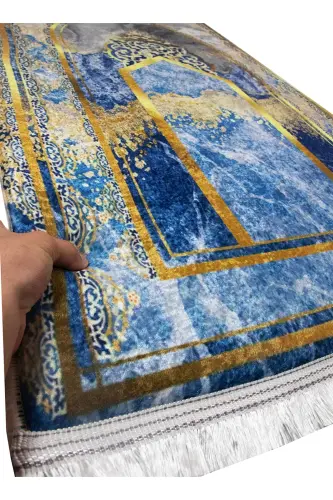 3 Cm Thick Sponge Orthopedic Velvet Prayer Rug Non-Kneading Prayer Rug-BLUE GOLD - 4