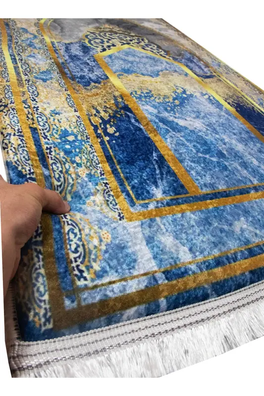 3 Cm Thick Sponge Orthopedic Velvet Prayer Rug Non-Kneading Prayer Rug-BLUE GOLD - 4