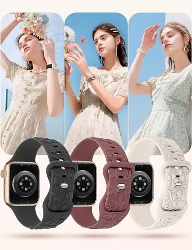 3 dona 3D gulli naqshli tasmalar Apple Watch Band 38/40/41/42/44/45/46/49 mm ayollar uchun mos keladi, o'yilgan yumshoq silikon gulli yoqimli bezakli iWatch Series 10/9/SE/Ultra/8/7/6/5/4/3/2/1 uchun tasmalar - 6