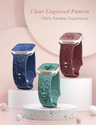 3 dona 3D gulli naqshli tasmalar Apple Watch Band 38/40/41/42/44/45/46/49mm ayollar uchun mos keladi, o‘yilgan yumshoq silikon gulli yoqimli bezakli tasmalar iWatch Series 10/9/SE/Ultra/8/7/6/5/4/3/2/1 uchun - 4