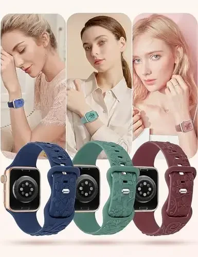 3 dona 3D gulli naqshli tasmalar Apple Watch Band 38/40/41/42/44/45/46/49mm ayollar uchun mos keladi, o‘yilgan yumshoq silikon gulli yoqimli bezakli tasmalar iWatch Series 10/9/SE/Ultra/8/7/6/5/4/3/2/1 uchun - 6