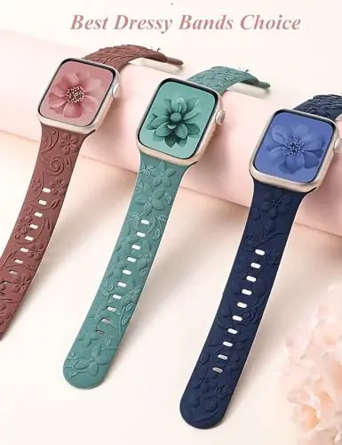 3 dona 3D gulli naqshli tasmalar Apple Watch Band 38/40/41/42/44/45/46/49mm ayollar uchun mos keladi, o‘yilgan yumshoq silikon gulli yoqimli bezakli tasmalar iWatch Series 10/9/SE/Ultra/8/7/6/5/4/3/2/1 uchun - 5