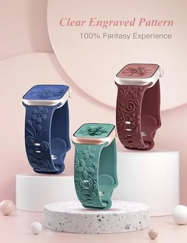 3 dona 3D gulli naqshli tasmalar Apple Watch Band 38/40/41/42/44/45/46/49mm ayollar uchun mos keladi, o‘yilgan yumshoq silikon gulli yoqimli bezakli tasmalar iWatch Series 10/9/SE/Ultra/8/7/6/5/4/3/2/1 uchun - 4