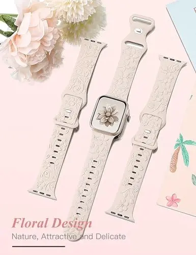 3 dona 3D gulli naqshli tasmalar Apple Watch Band 38/40/41/42/44/45/46/49mm ayollar uchun mos keladi, o‘yilgan yumshoq silikon gulli yoqimli bezakli tasmalar iWatch Series 10/9/SE/Ultra/8/7/6/5/4/3/2/1 uchun - 2