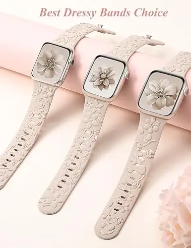 3 dona 3D gulli naqshli tasmalar Apple Watch Band 38/40/41/42/44/45/46/49mm ayollar uchun mos keladi, o'yilgan yumshoq silikon gulli yoqimli bezakli tasmalar iWatch Series 10/9/SE/Ultra/8/7/6/5/4/3/2/1 uchun - 5