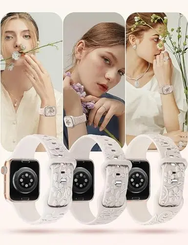 3 dona 3D gulli naqshli tasmalar Apple Watch Band 38/40/41/42/44/45/46/49mm ayollar uchun mos keladi, o'yilgan yumshoq silikon gulli yoqimli bezakli tasmalar iWatch Series 10/9/SE/Ultra/8/7/6/5/4/3/2/1 uchun - 6