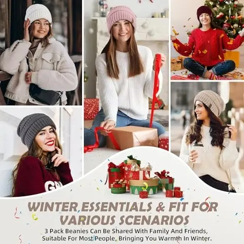 3 dona ayollar uchun atlas astarlı shapka, ipak astarlı iliq yumshoq qishki shapkalar, zamonaviy katta hajmli kabel trikotaj shapka bosh suyagi qalpog'i - 7