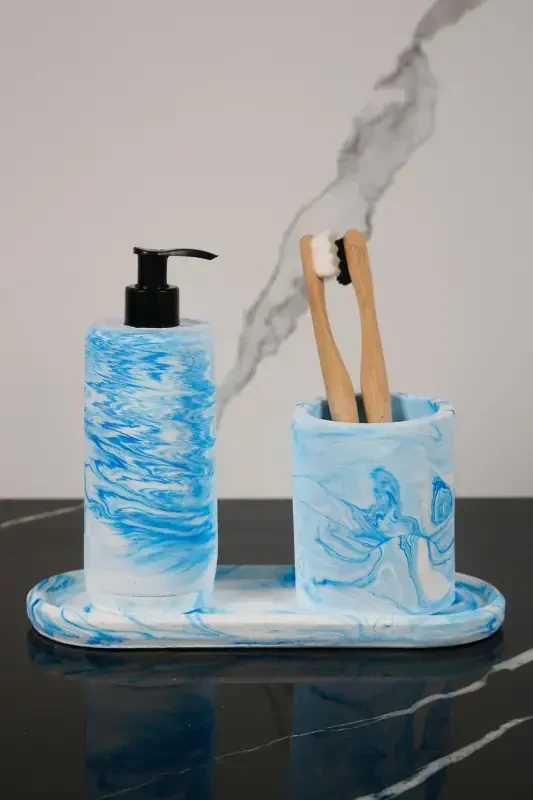 3 dona marmar naqshli beton hammom to'plami Suyuq sovun idishi Tish cho'tkasi uchun idish Tortiq patnisi - Moviy - 1