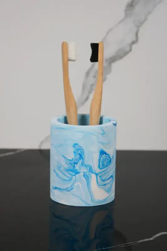 3 dona marmar naqshli beton hammom to'plami Suyuq sovun idishi Tish cho'tkasi uchun idish Tortiq patnisi - Moviy - 2