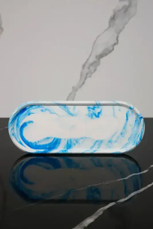 3 dona marmar naqshli beton hammom to'plami Suyuq sovun idishi Tish cho'tkasi uchun idish Tortiq patnisi - Moviy - 4