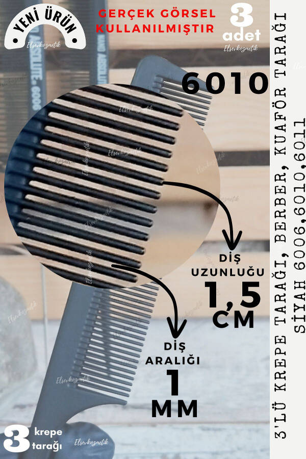 3 dona qora krep taroq, sartarosh, soch turmakchi taroq to'plami elsevkozmetik - 5