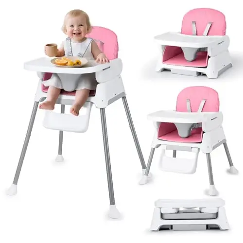 3-in-1 Baby High Chair, Adjustable Convertible Infant Baby Feeding Chair Booster for Eating with Detachable Tray, 5-Point Harness, Pink - 1