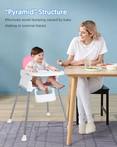 3-in-1 Baby High Chair, Adjustable Convertible Infant Baby Feeding Chair Booster for Eating with Detachable Tray, 5-Point Harness, Pink - 2