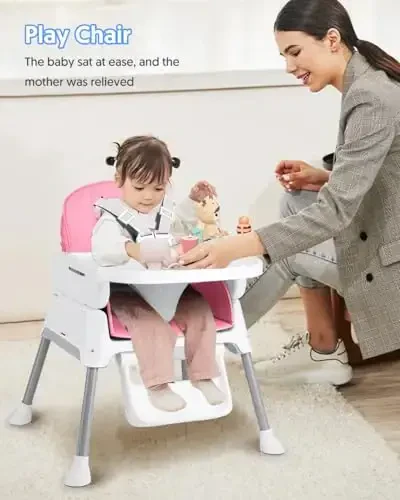 3-in-1 Baby High Chair, Adjustable Convertible Infant Baby Feeding Chair Booster for Eating with Detachable Tray, 5-Point Harness, Pink - 4