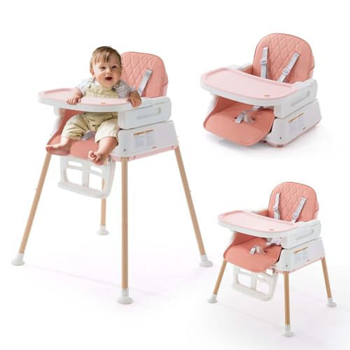 3 in 1 Baby High Chair, Portable High Chairs for Babies and Toddlers, Adjustable Convertible Infant Baby Feeding Chair Booster for Eating with Detachable Double Tray, 5 Point Harness, Footrest Pink - 31