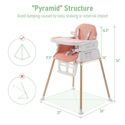 3 in 1 Baby High Chair, Portable High Chairs for Babies and Toddlers, Adjustable Convertible Infant Baby Feeding Chair Booster for Eating with Detachable Double Tray, 5 Point Harness, Footrest Pink - 32