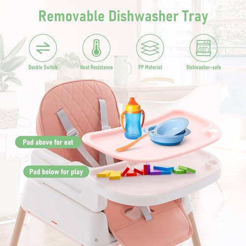 3 in 1 Baby High Chair, Portable High Chairs for Babies and Toddlers, Adjustable Convertible Infant Baby Feeding Chair Booster for Eating with Detachable Double Tray, 5 Point Harness, Footrest Pink - 35